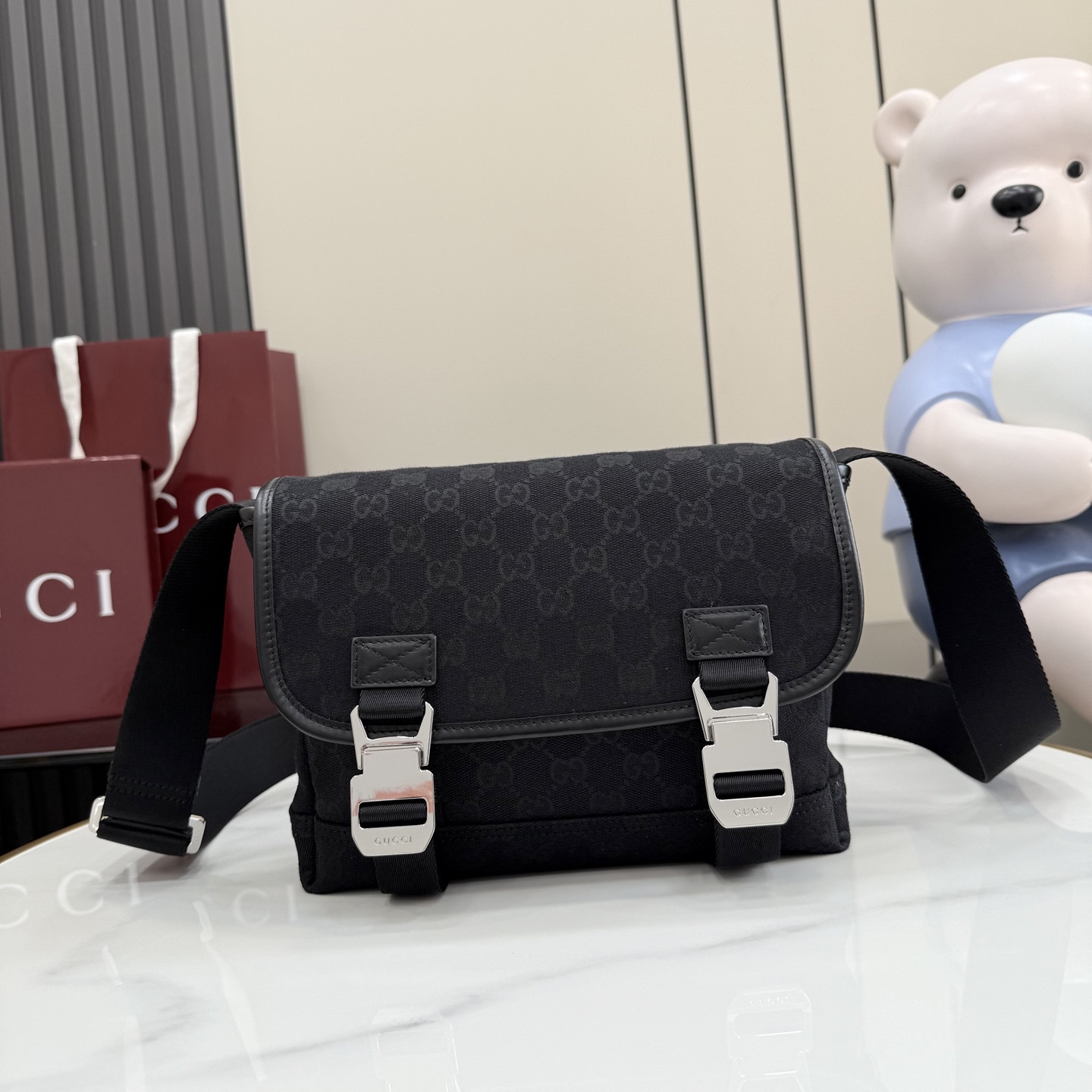 Gv*c* GG Canvas Small Crossbody Bag In Black GG canvas-25*20*8.5CM