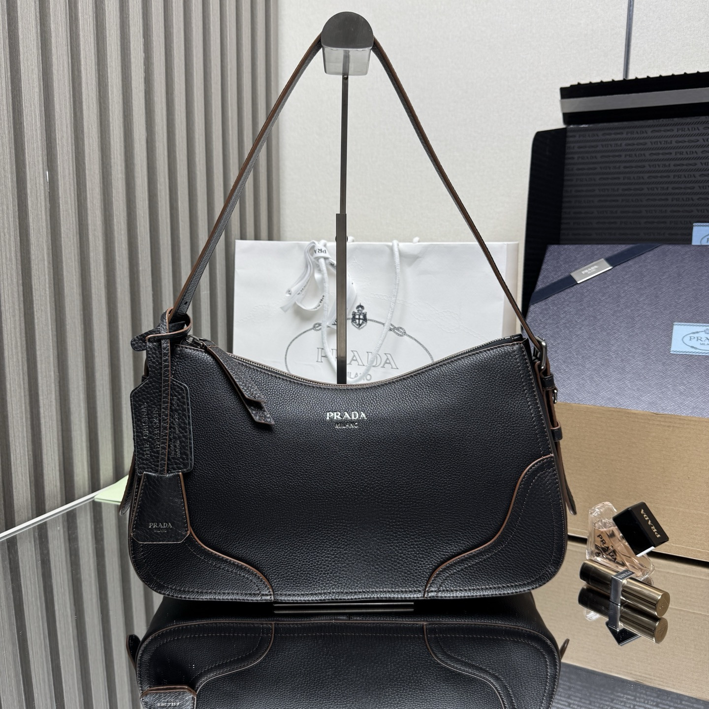 Pra*a Black Large Leather Aimèe Shoulder Bag-1BC280-36*20*11CM