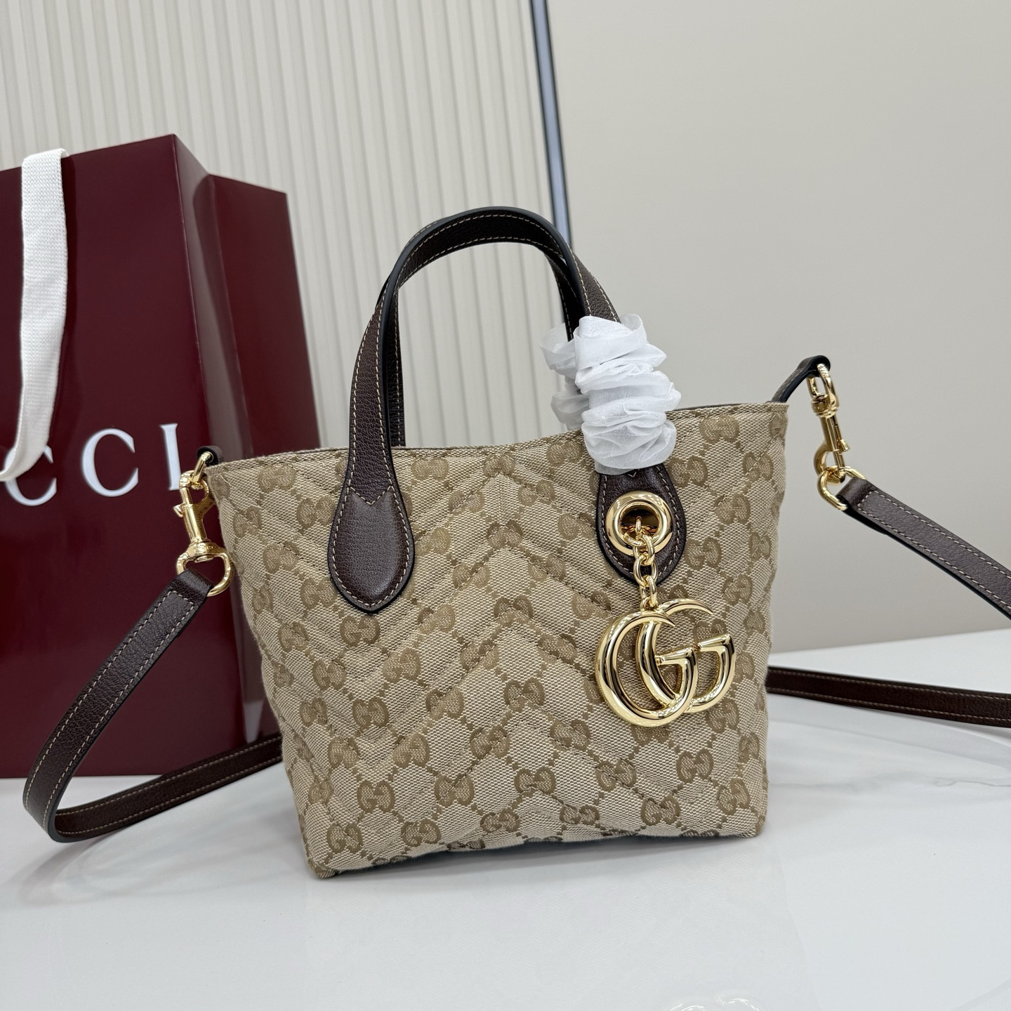 Gv*c* GG Marmont Small Tote Bag in Sand And Brown GG Canvas-17*5*17*12.5CM