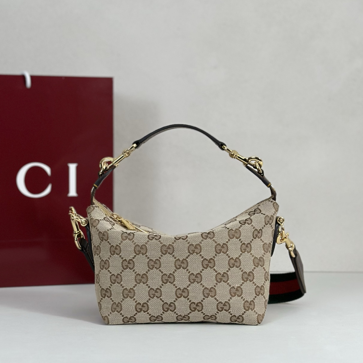 G*ucc* Brera Small Crossbody Bag In Sand And Brown GG Canvas-25.5*14*8CM