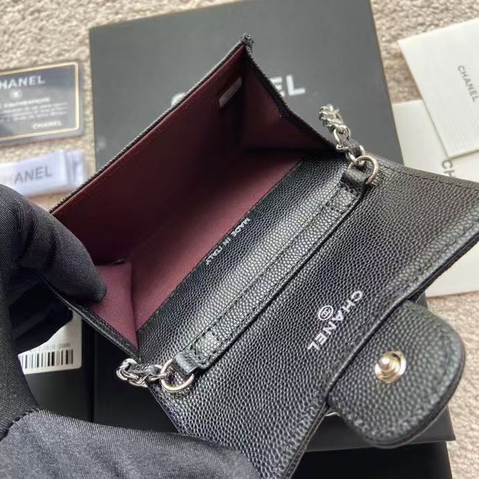 Ch@nel Black Quilted Caviar Leather Card Holder On Chain-11*7CM