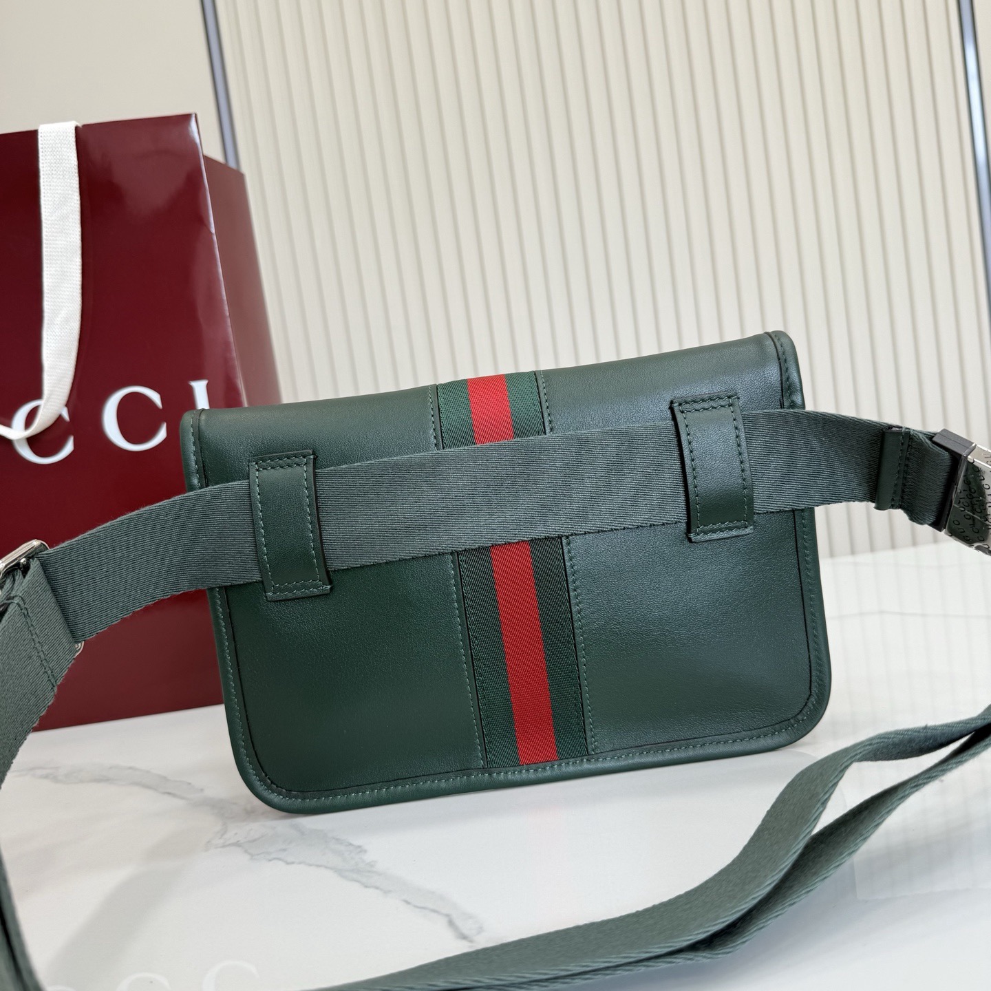 Gv*c*Web Trademark Small Belt Bag In Dark Green Leather -24*17*3.5CM