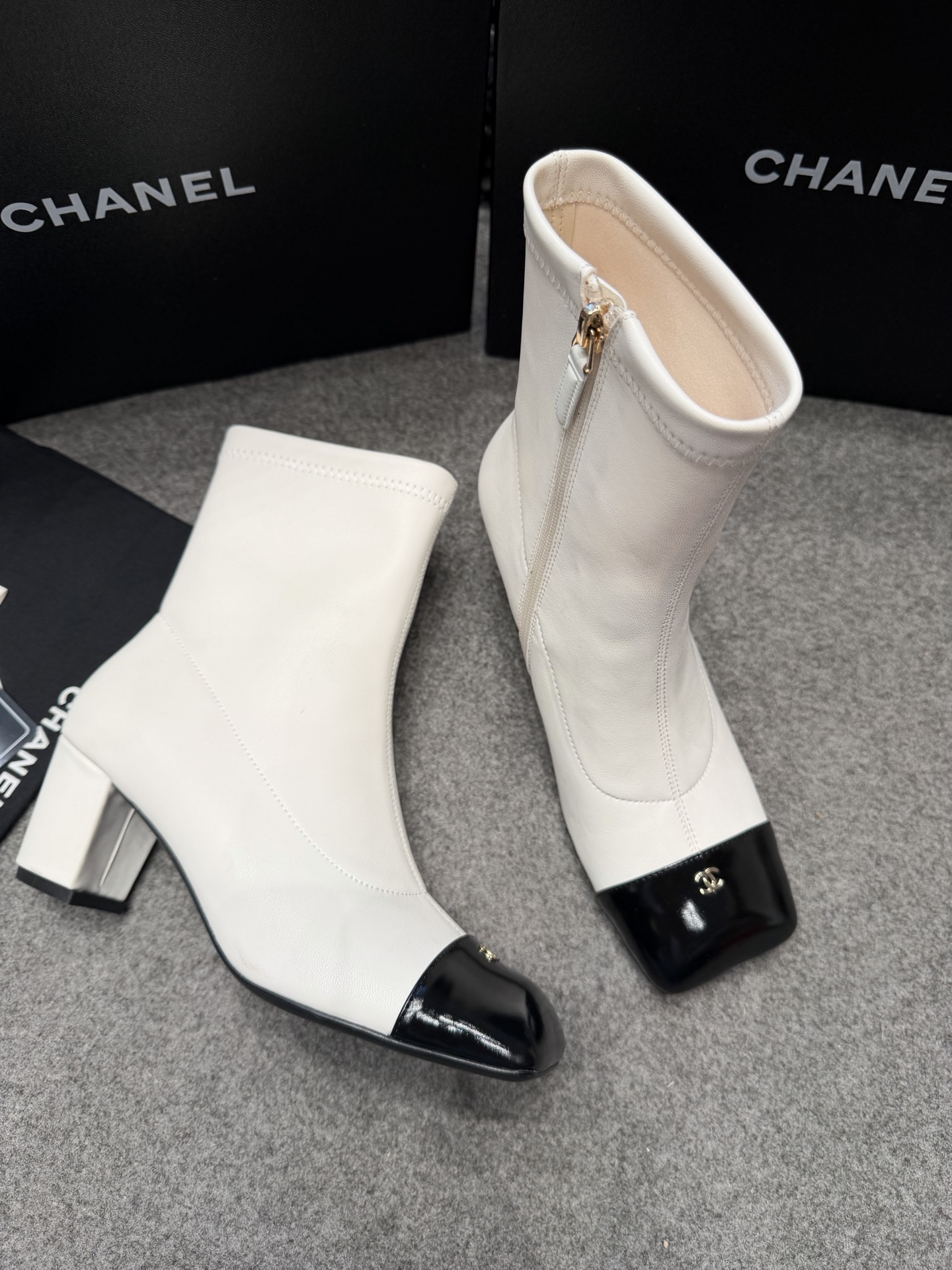 Ch@nel Stretch Lambskin Patent Boots