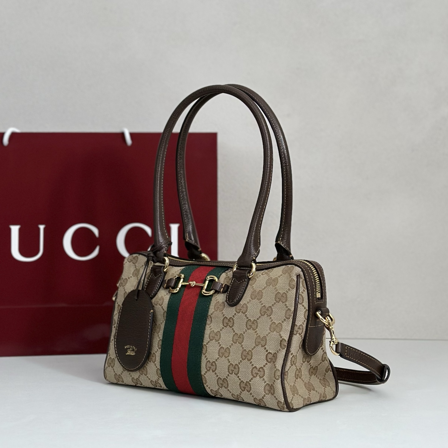 Gvc*1 Borsetto Medium Boston Bag In Sand And Brown Gg Canvas-28*15*10CM