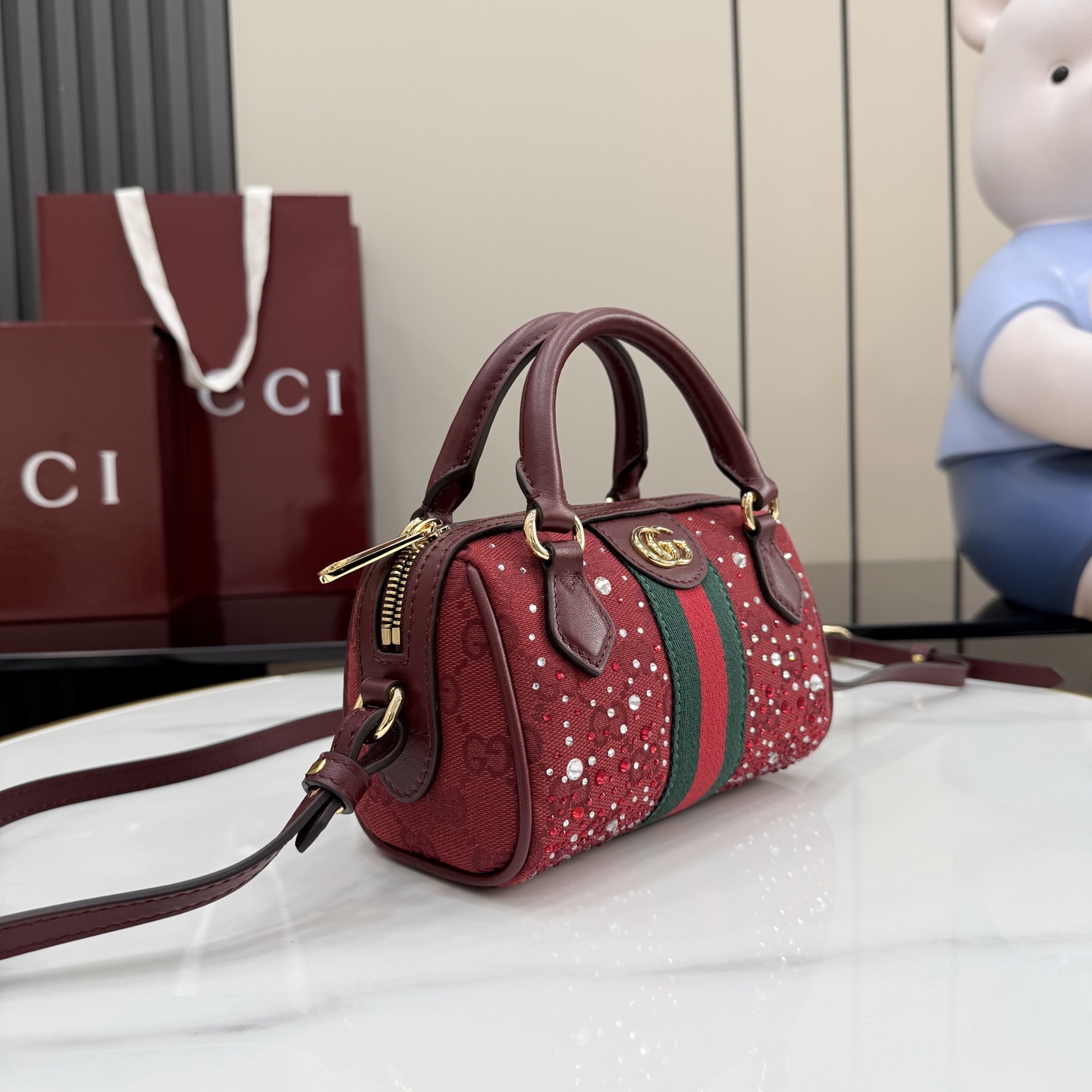 Gv*c* Ophidia Crystals Small Boston Bag In Rosso Ancora Red GG -16.5*10*9CM