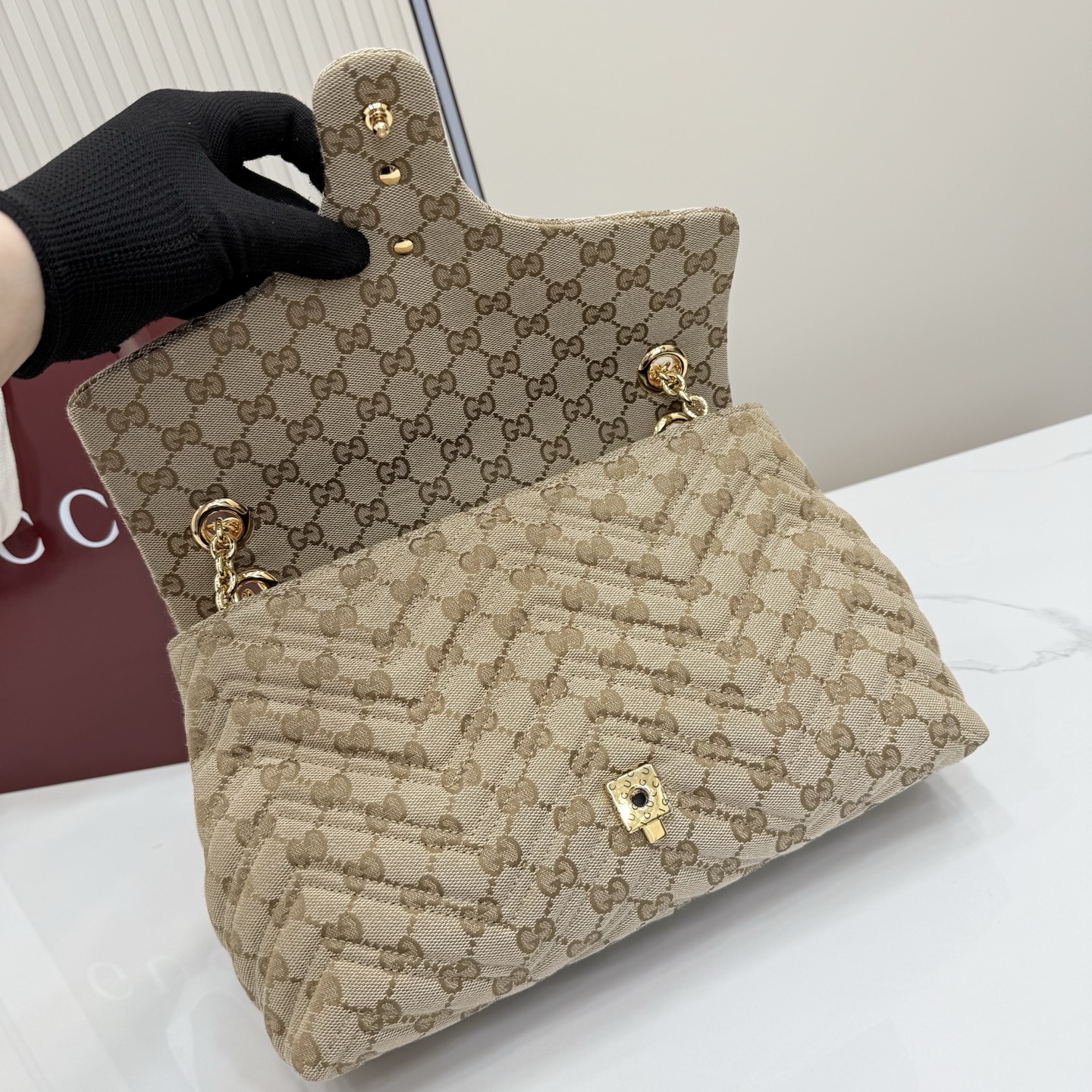Gv*c* GG Marmont Medium Shoulder Bag In Sand And Brown GG-31*17*8CM