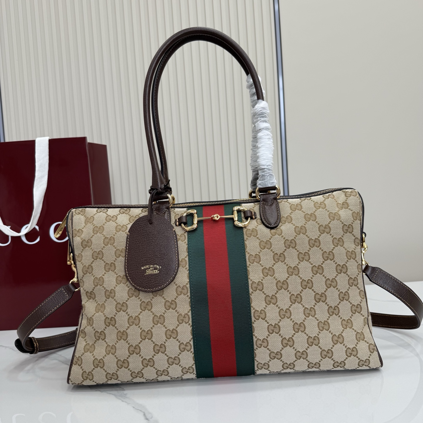 Gv*c* Borsetto Large Boston Bag In Sand And Brown GG canvas-38.5*22.5*13CM