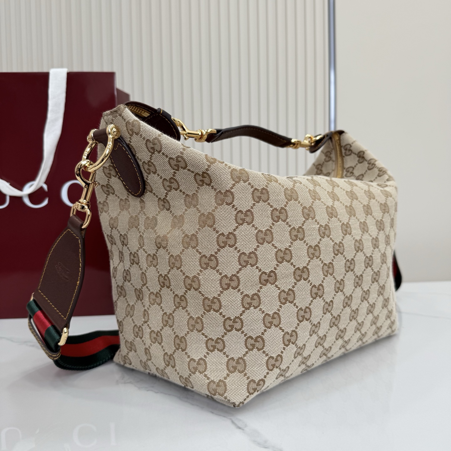 Gv*c* Brera Medium Crossbody Bag In Sand And Brown GG Canvas-33*27*15CM