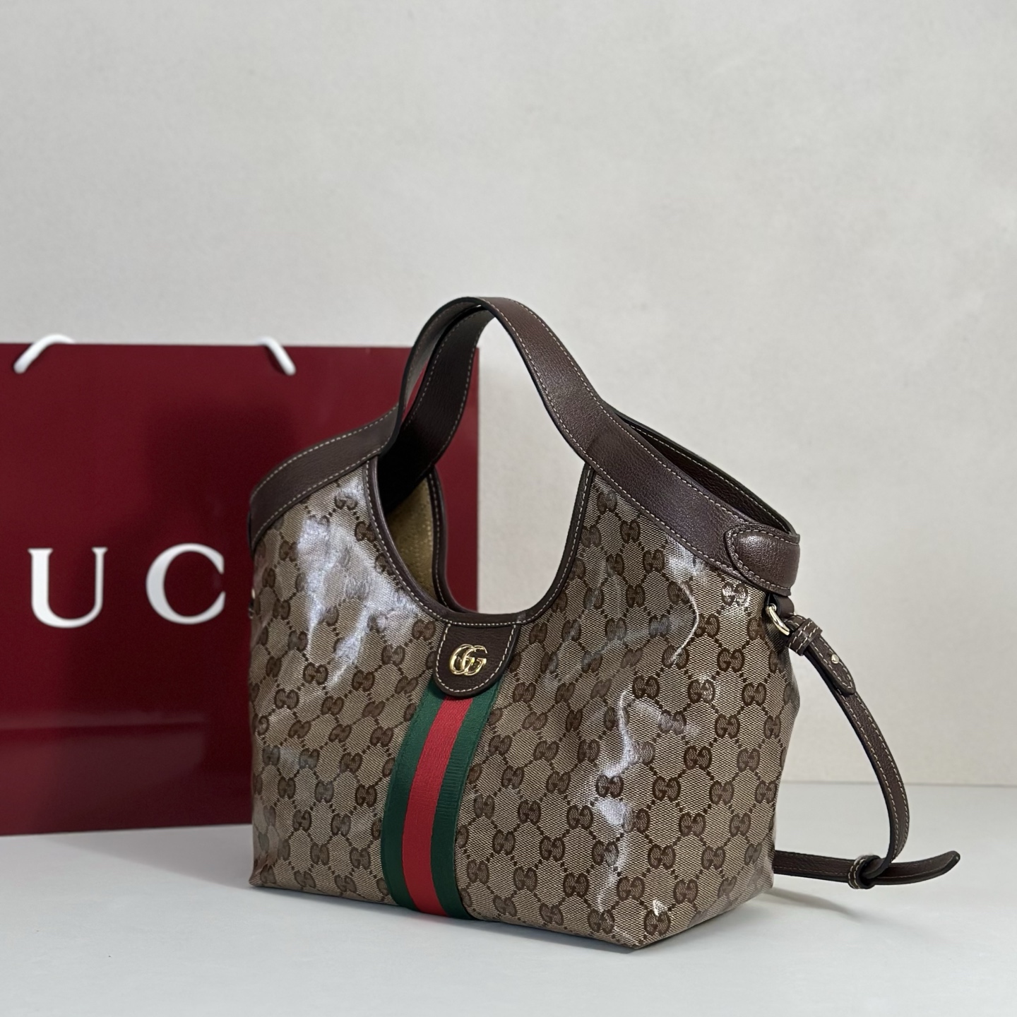 Guc*ci Giglio Small Tote Bag In Sand And Brown GG Fabric-25*20*15CM