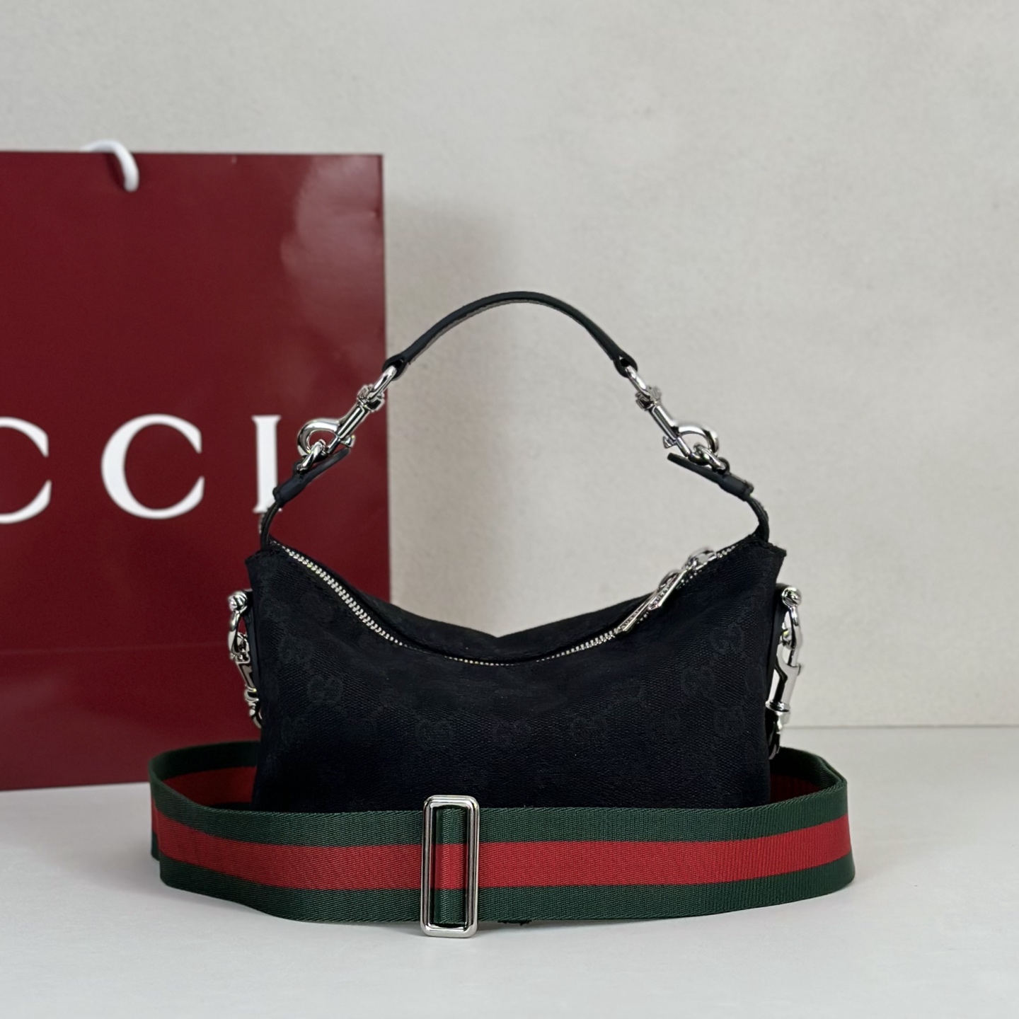 G*ucc* Brera Small Crossbody Bag In Black GG Canvas-25.5*14*8CM