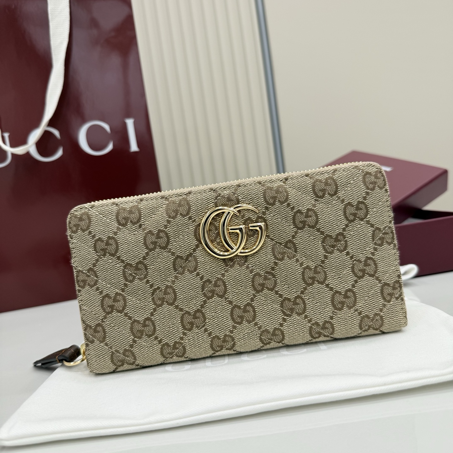 Gvc*1 GG Marmont Zip Around Wallet In Sand And Brown GG canvas-19*10.5*2CM