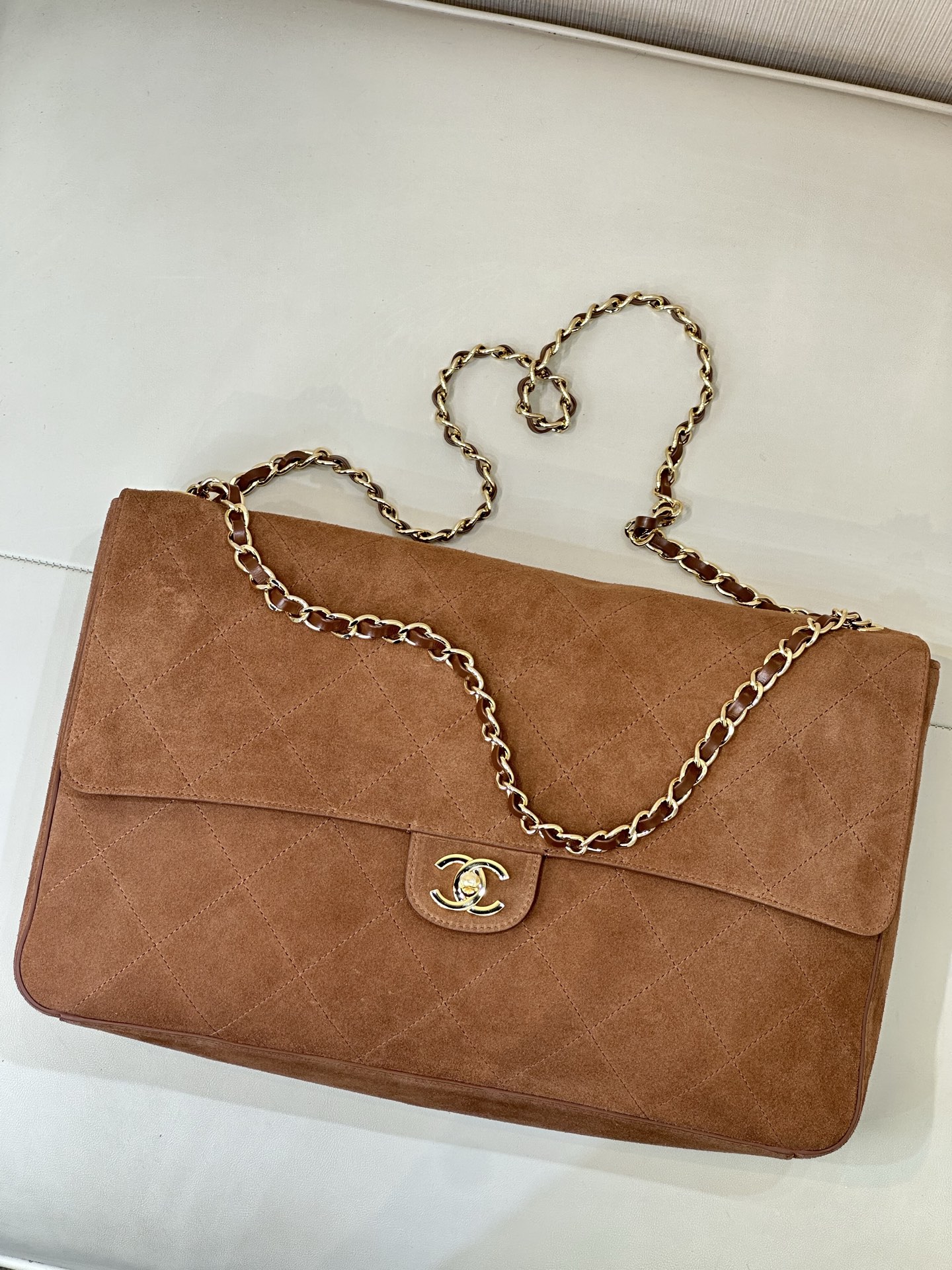 Cha**nel Suede Calfskin Small Souplissimo Maxi Flap Camel -26*38.5*11CM