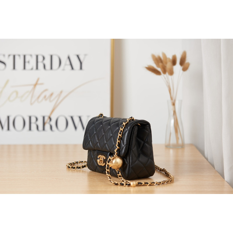 Ch*el flap bag black gold cc gold beads with suede diamond pattern shoulder bag