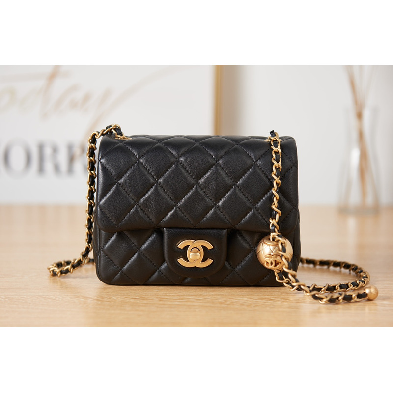 Ch*el flap bag black gold cc gold beads with suede diamond pattern shoulder bag