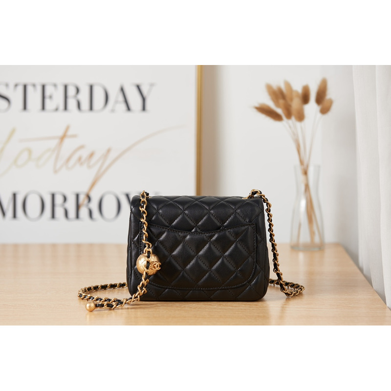Ch*el flap bag black gold cc gold beads with suede diamond pattern shoulder bag