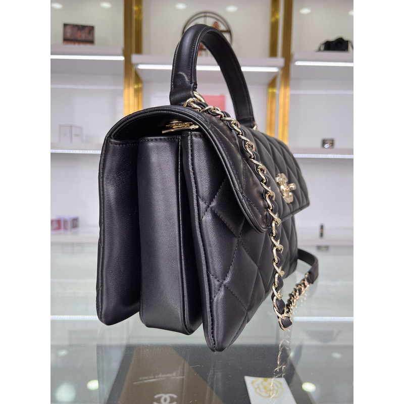 Ch*el sheepskin and gold metal black flap bag