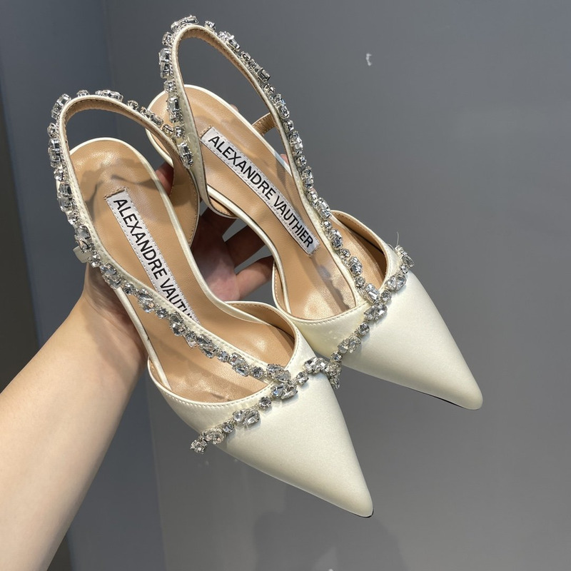 Alexandre Vauthier  Pointed Toe Rhinestone High Heels Stiletto Silk Sandals White