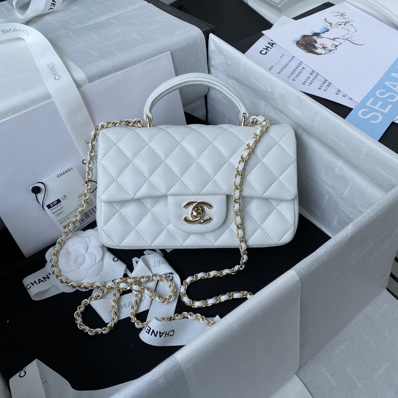 Ch*el mini flap bag with top handle lambskin & gold-tone metal white