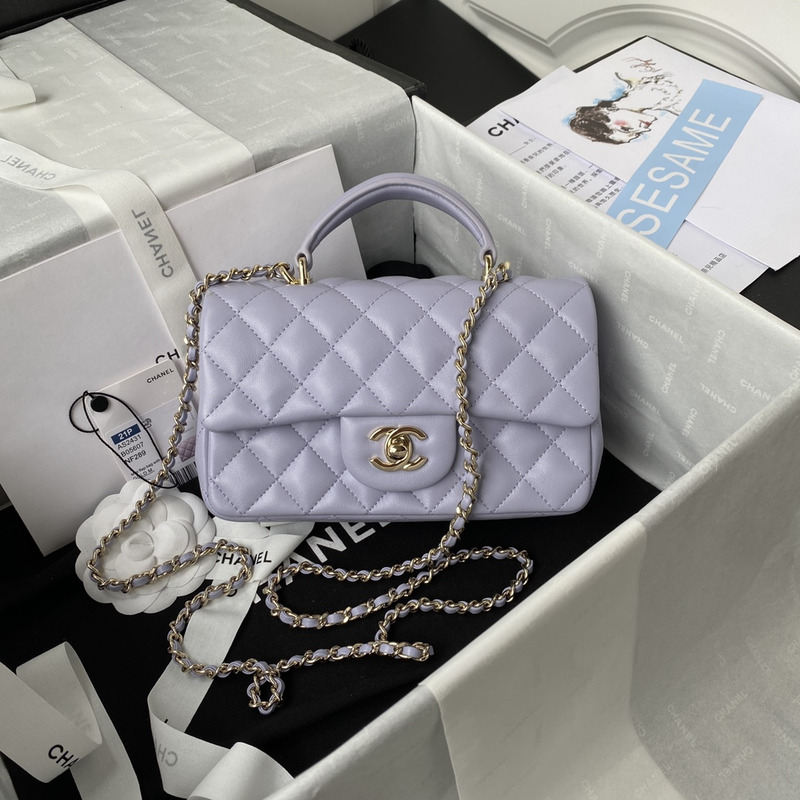 Ch*el mini flap bag with top handle lambskin & gold-tone metal purple