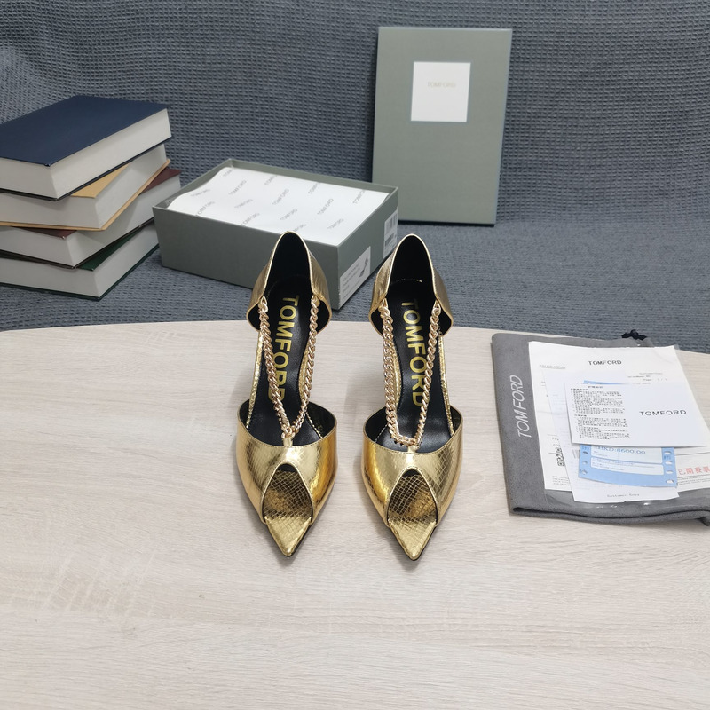 Tom Ford Open Toe Pointed Toe Chain Detail High Heel in Light Gold