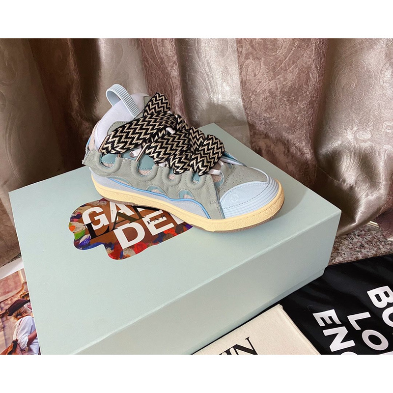 Lanvin Curb Leather Sneakers With Multicolor Laces in Blue