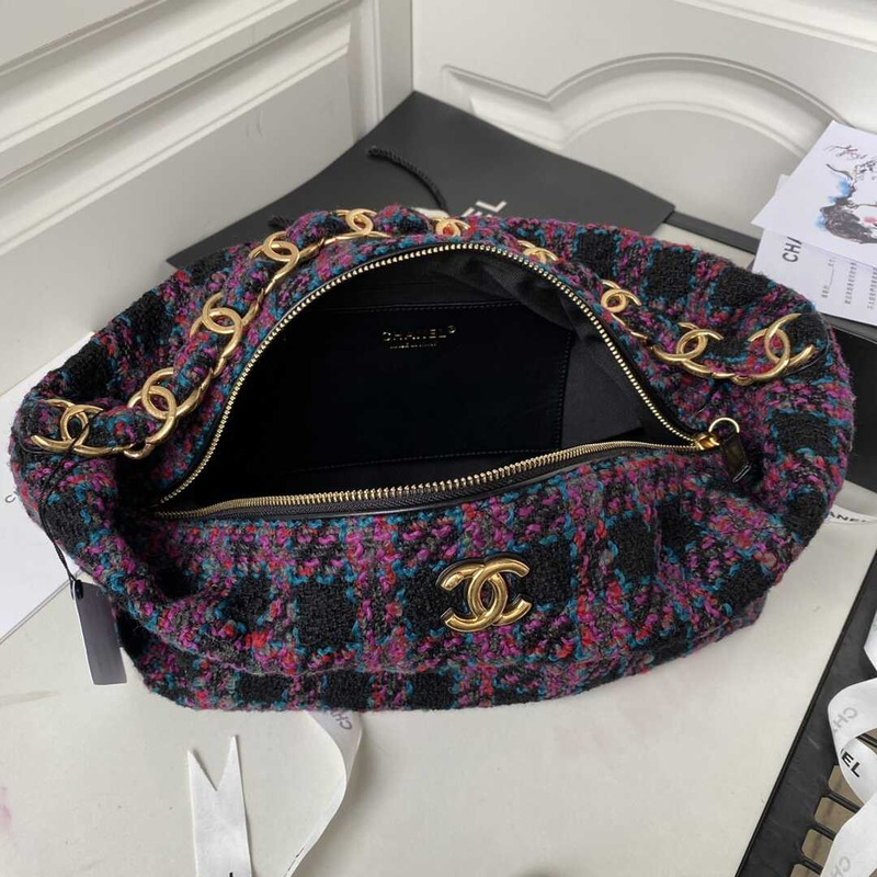 Ch*el hobo bag wool twill & gold-tone metal black and red