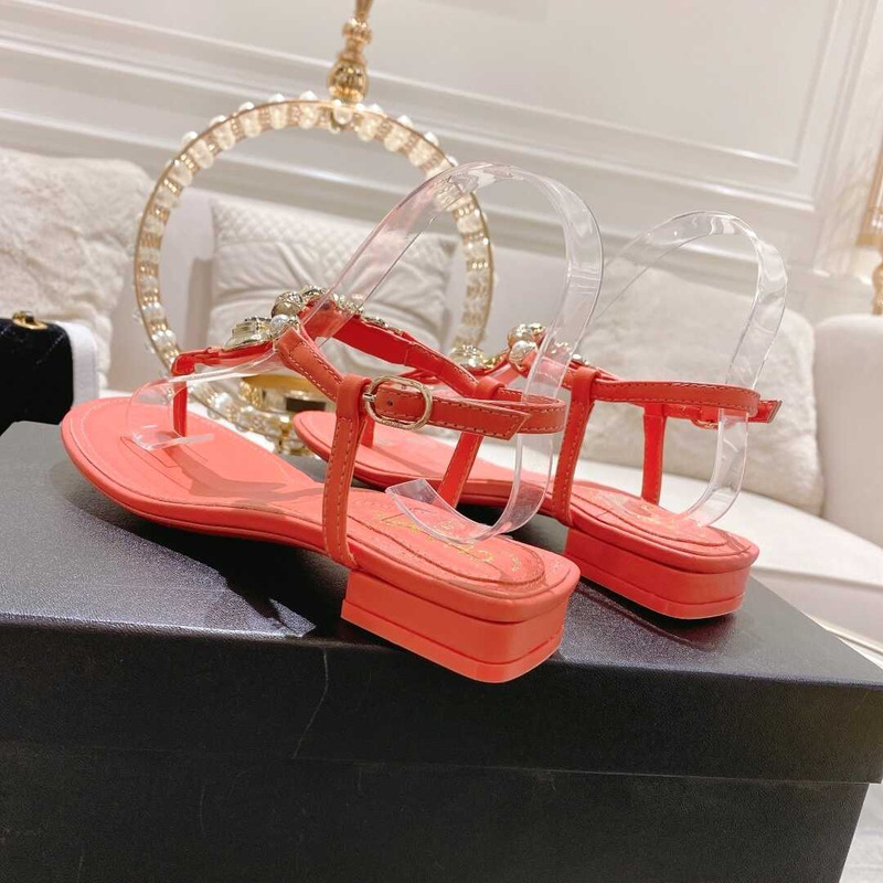 Ch*el lambskin metal diamanté & imitation pearls sandals red