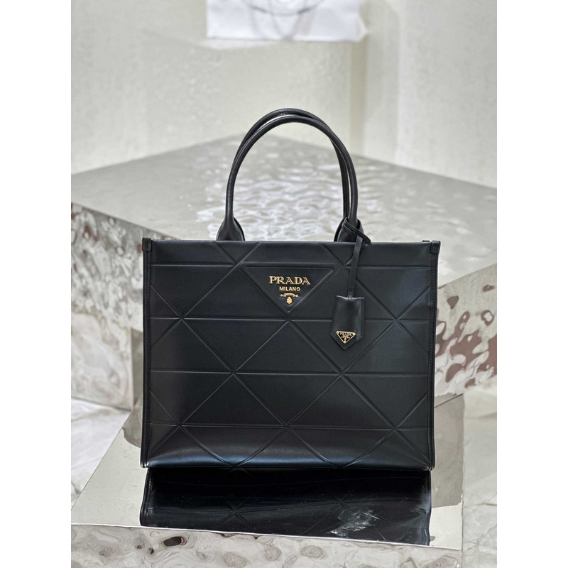 Pra*a large leather handbag with topstitching black