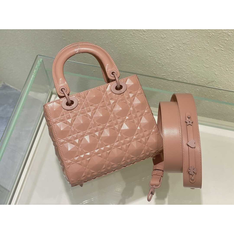 D*or small lady D*or my abacD*or calfskin diamond cannage bag rose pink