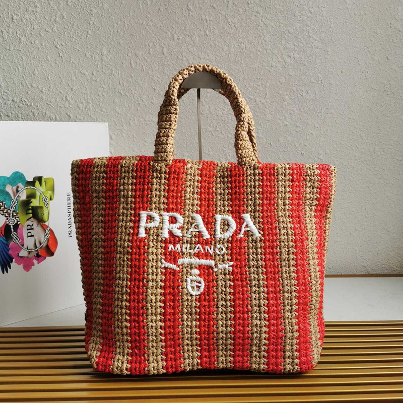 Pra*a large raffia tote bag tan/red