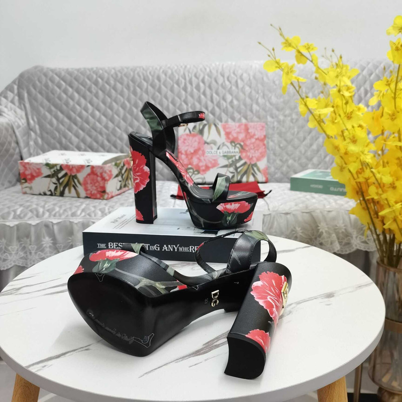 Dolce & Gabbana Printed Fabric Platform Sandals Heels Black