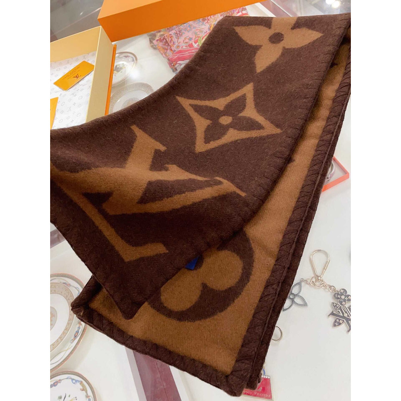 l**is V*t*n cashmere wool double-sided wide scarf/shawl coffee