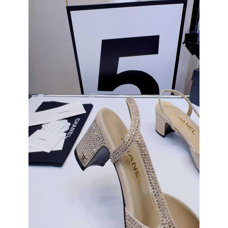Ch*el strass 65mm slingbacks gold black grosgrain