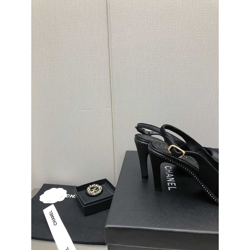 Ch*el sling-back satin &diamond black