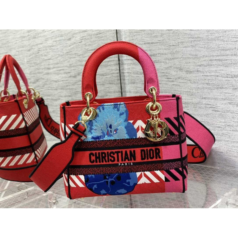 D*or  medium lady d-lite bag embroidery red multicolor