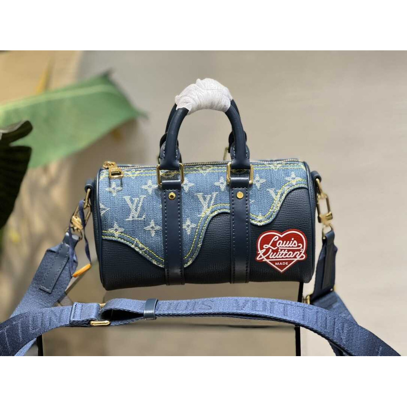 Virgil Abloh Monogram Denim Taurillon Leather Keepall XS Blue