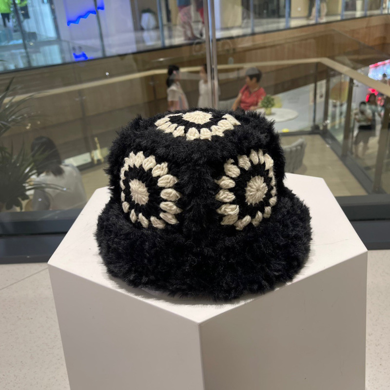 Ch*el knitted fur bucket cap black