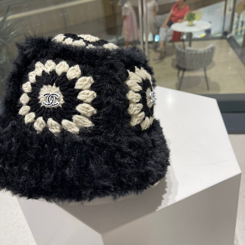 Ch*el knitted fur bucket cap black