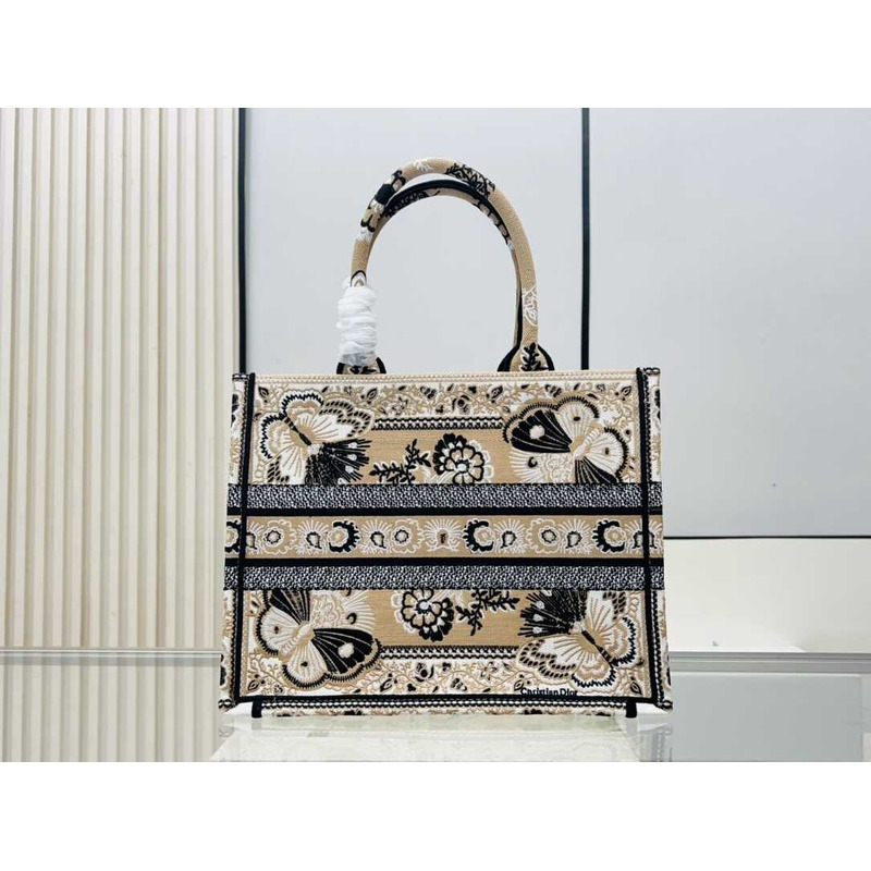 D*or medium book tote beige multicolor butterfly bandana embroidery
