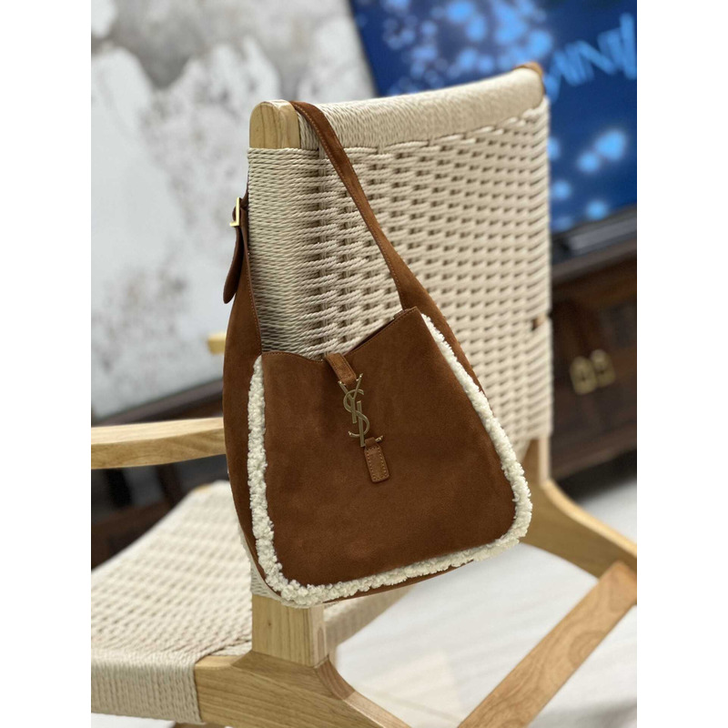 saint laurent le 5 À 7 S*pple small in suede and shearling dark cigar and natural beige