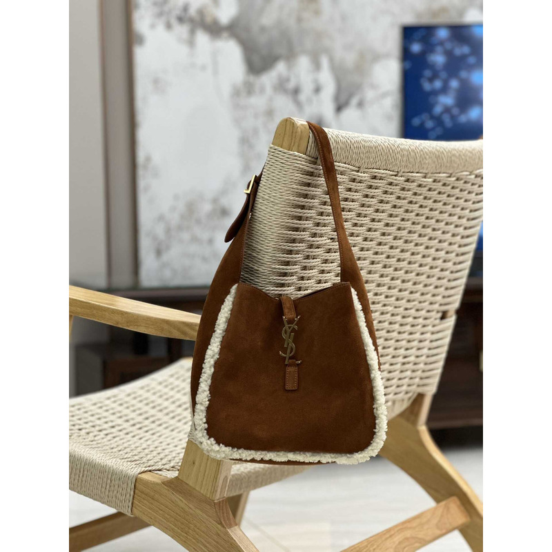 saint laurent le 5 À 7 S*pple small in suede and shearling dark cigar and natural beige