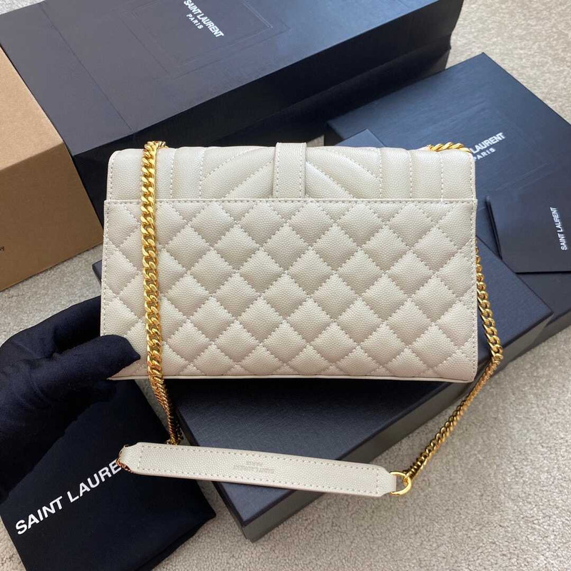 Saint Laurent Envelope Small In Quilted Grain De Pouder Embossed Leather Flap Blanc Vintage