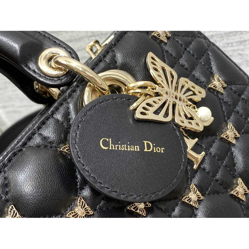 D*or medium lady d-joy bag cannage lambskin gold-finish butterfly studs black