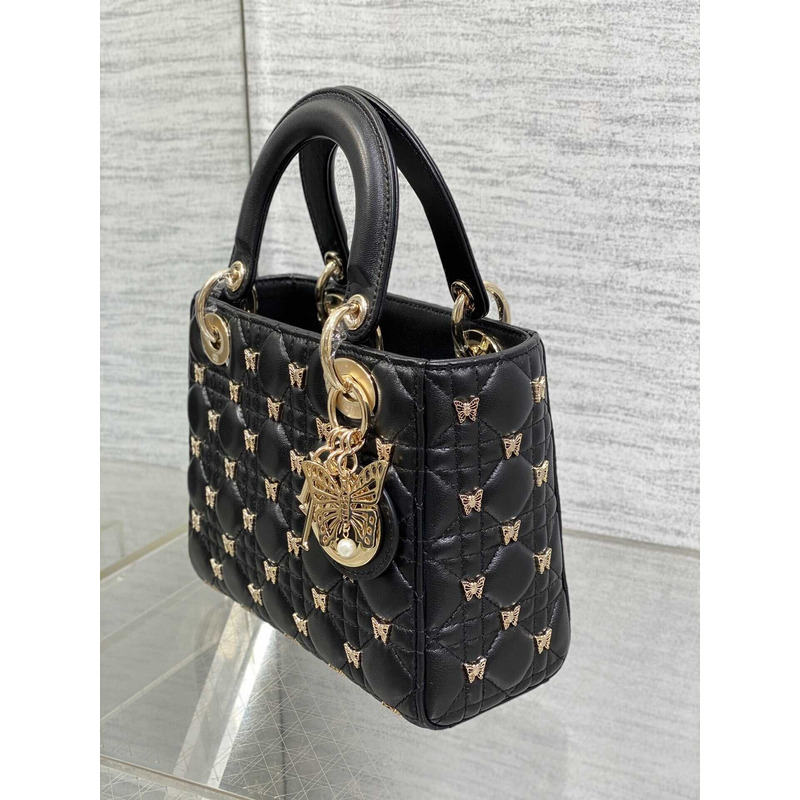 D*or small lady D*or bag lambskin gold-finish butterfly studs black