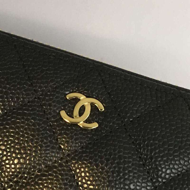 Ch*el gusset zip around wallet quilted caviar golden-tone large black