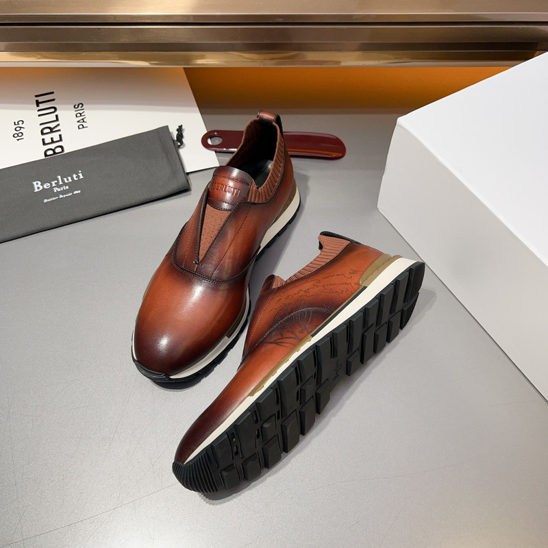 Berluti Fast Track Scritto Leather And Knit Slip-On Sneaker