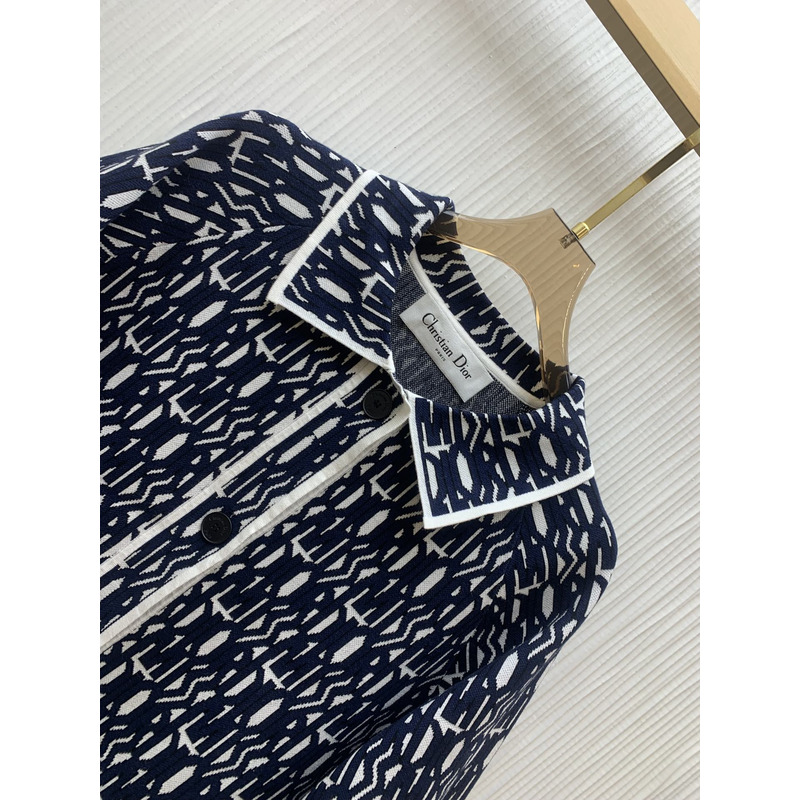 D*or short-sleeved jacket allover motif white technical knit with navy blue