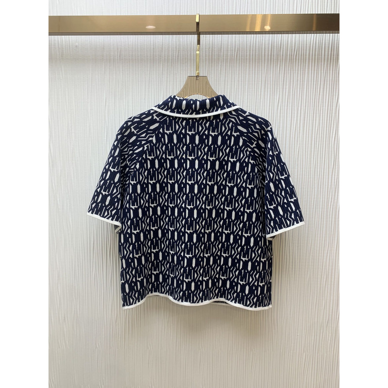 D*or short-sleeved jacket allover motif white technical knit with navy blue