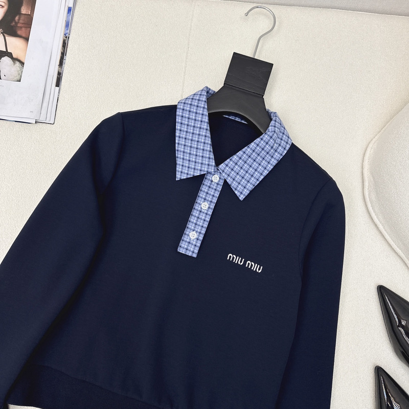 Miu Miu Logo Long-Sleeved Polo Shirt And Pleated Skirt Suit Blue