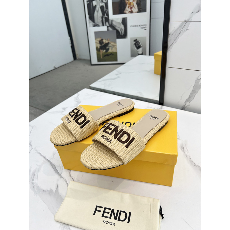 F**di signature logo cotton fiber slide beige